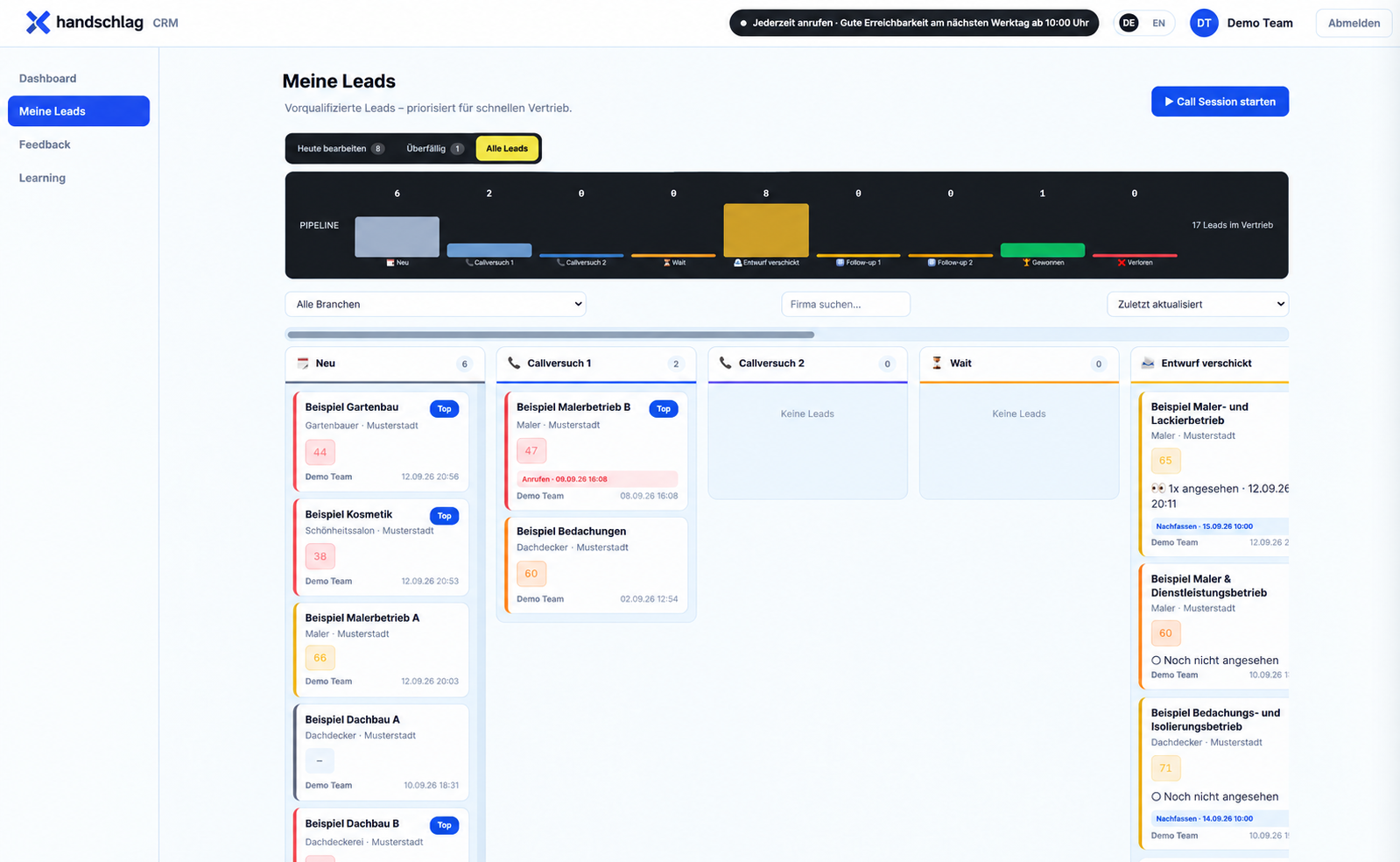 Anonymisiertes HANDSCHLAG CRM: Lead-Pipeline mit Anrufversuchen, versandten Webseiten und Tracking