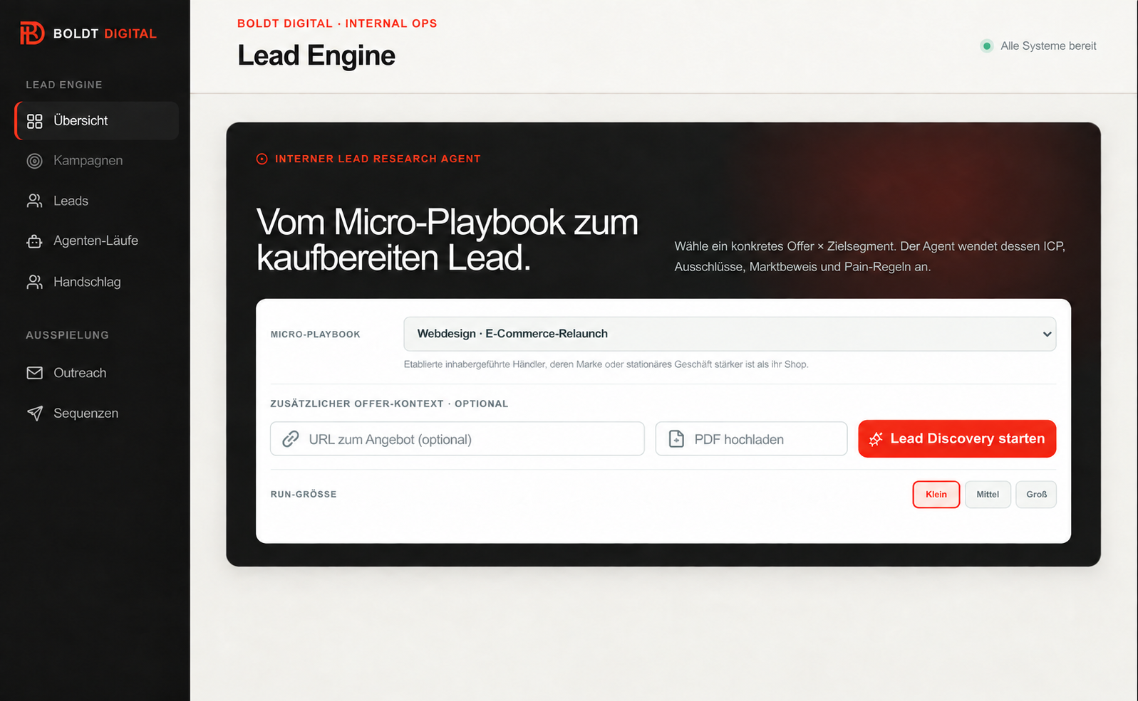 Ausschnitt der Boldt Digital Lead Engine mit Zielmarkt-Auswahl