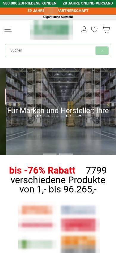 Startseite eines Onlineshops für Motorgeräte auf dem Handy, anonymisiert: drei Werbebalken, Slider-Text läuft ineinander